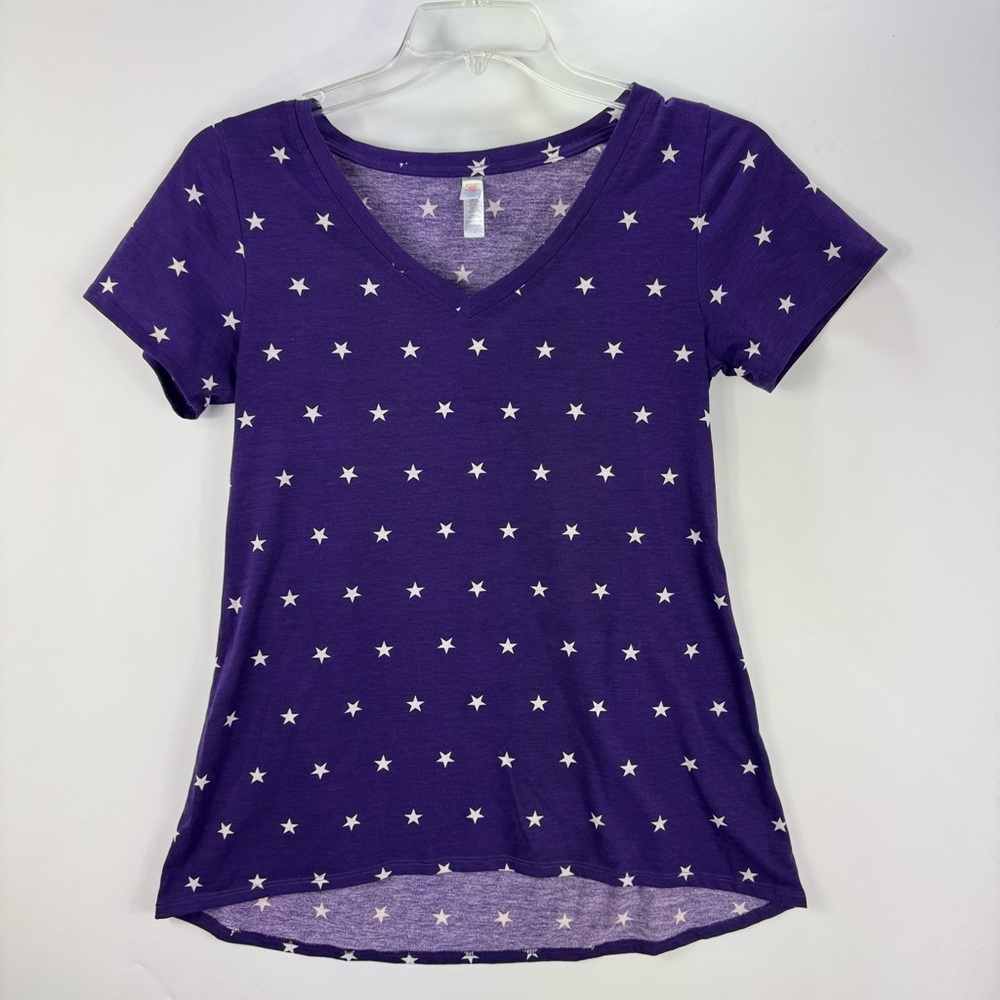 Lularoe Christy T Women's Top Purple White Stars V Neck Size Small